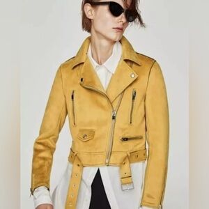 ZARA Ladies Mustard Yellow Faux Suede Moto Jacket Size Medium